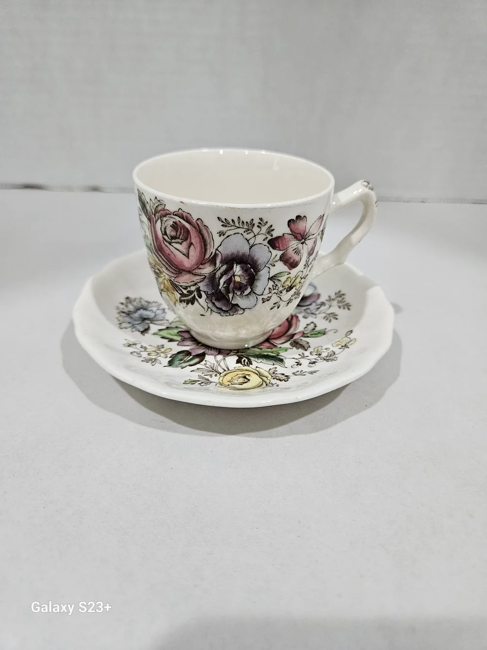 Johnson Brothers Floral Teacup and Saucer - Pink, Purple, Yellow